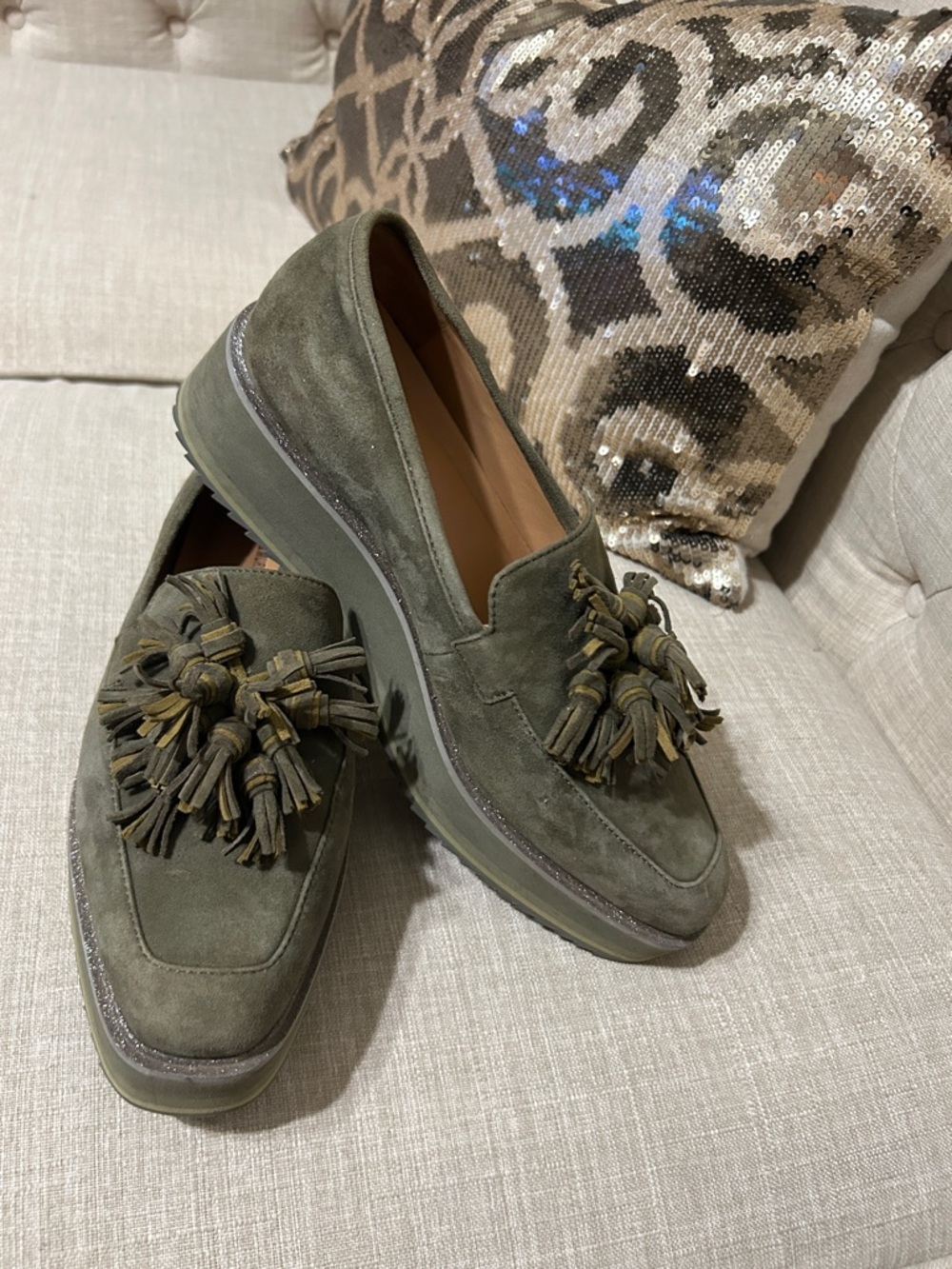 Johnston & Murphy Olive Green Suede Tassel Loafers